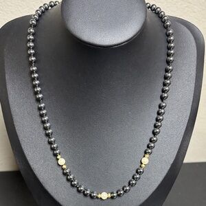 Hematite Pearl Stamped 14k Yellow Gold Clasp Knotted Beaded Vintage Necklace